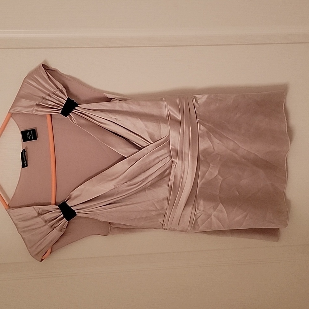 Moda International Light Taupe Satin V-Neck Blouse with Black Accents